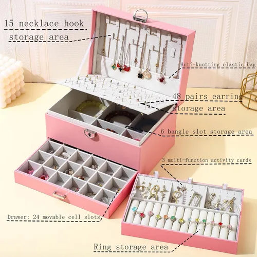 Vista 2 de BOOVO Joyero de aretes para mujeres y niñas, organizador de tachuelas, caja organizadora de joyas de 5 capas con candado, organizador de aretes