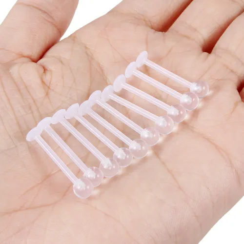 Vista 2 de Anillos de plástico transparente de 16G y 14G para la lengua, piercing para cirugía, bioflex flexible, extra largo, labtert, monroe, medusa, anillos