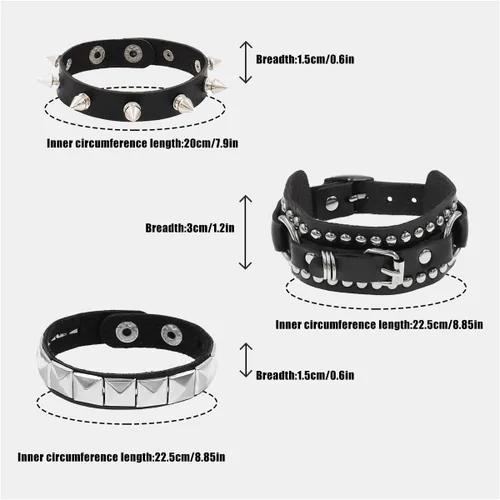 Vista 2 de 3 piezas de pulsera de cuero estilo punk rock con tachuelas ajustables, pulsera de estilo emo con espigas, accesorio de puño con remaches retro
