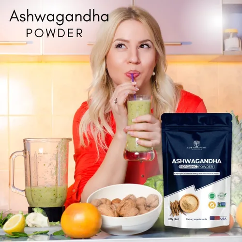 Vista 4 de Polvo orgánico de Ashwagandha – Sin OMG, adaptógeno de espectro completo – Soporte para alivio del estrés, sueño y energía – 0.18 oz por cucharada.