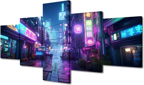 Vista 95 de Póster de 5 paneles en lienzo para decoración de pared, diseño de centro urbano Cyberpunk, impresión moderna, decoración de pared para el hogar