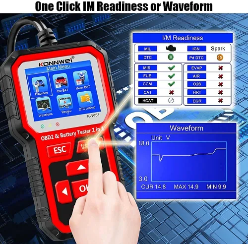 Vista 4 de Probador de batería de coche KW681 6V 12V + escáner KW850 OBD2