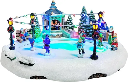 Vista 3 de MOMENTS IN TIME Escultura animada de estanque de patinaje de 18.5 cm de alto, aldea navideña con patinadores en movimiento, luces y música LED