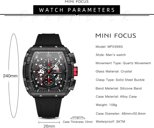 Vista 6 de Mini Focus Mens Watches 3ATM Waterproof Chronograph Movement Watches with Silicon Strap Gifts for Men