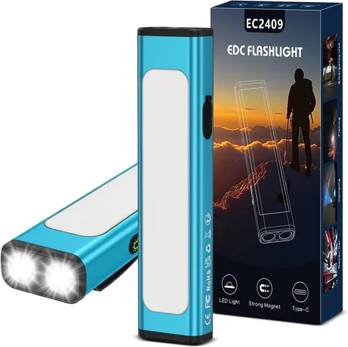 Vista 19 de Linterna plana EDC recargable, 1200 lúmenes USB-C (naranja, 1 unidad) Linterna de bolsillo con clip, 9 modos de luz magnética impermeable pequeña