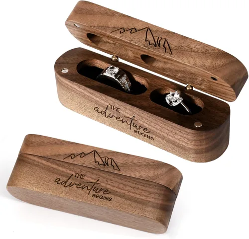 Vista 6 de Caja de madera para anillos de boda, caja de compromiso de madera, accesorios de boda, cajas de anillos para dos anillos, recuerdo rústico grabado