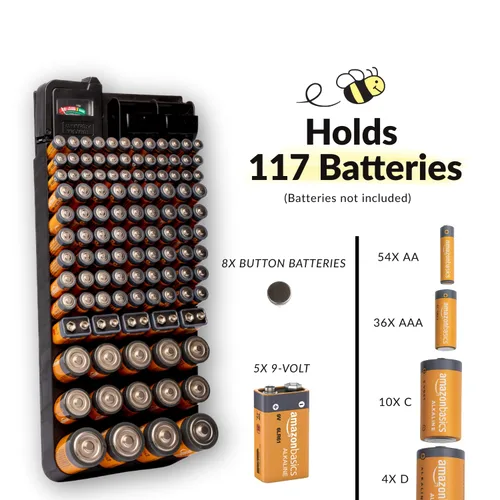 Vista 3 de Bee Neat Organizador de baterías colgante con probador - Caja de almacenamiento de batería para pared o cajón - Diseño de ranura inclinada nuevo