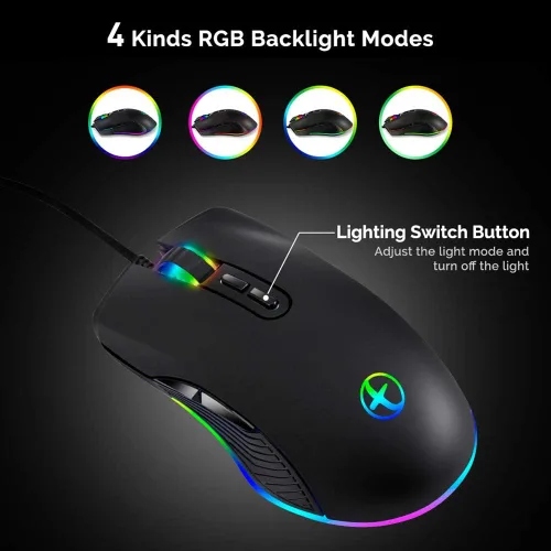Vista 3 de FIRSTMEMORY - Mouse ergonómico USB C con cable RGB para juegos, óptico con DPI ajustable 800/1600/2400/3200, compatible con portátiles, PC, laptop