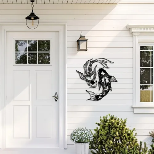 Vista 3 de YBLCOZYC 2 piezas de arte de pared de pez koi, escultura de pescado de Feng Shui de metal, adorno colgante para interiores y exteriores, con regalo