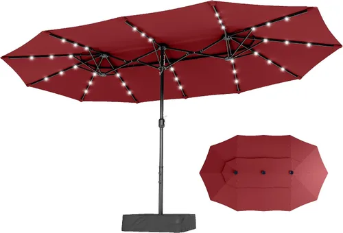 Vista 16 de PHI VILLA Sombrilla de patio grande de 15 pies con base y luces solares, paraguas rectangular de doble cara para exteriores con 36 luces LED, Beige