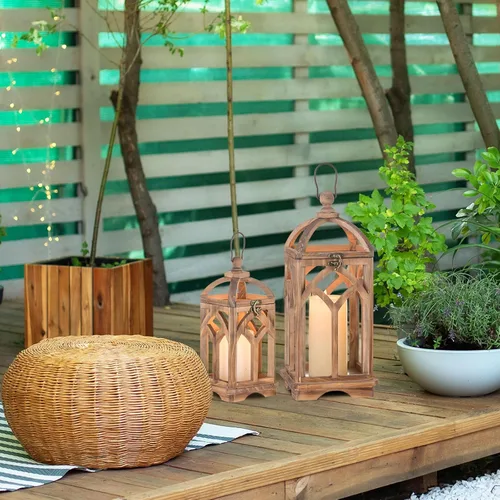 Vista 5 de Faroles de casa de campo decorativos para interior: 11 y 15 pulgadas, juego de 2 candelabros de madera marrón para centro de mesa, chimenea, manto