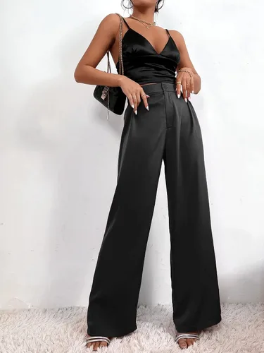 Vista 5 de SweatyRocks Pantalones largos plisados de satén de cintura alta para mujer, pantalones largos casuales para el trabajo y la oficina