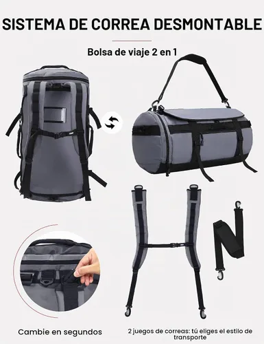 Vista 2 de MIER Mochila grande tipo duffel para deporte y gimnasio con compartimento para zapatos, resistente y resistente al agua, Gris, 90 l, Classic