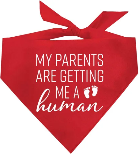 Vista 11 de My Parents are Getting Me A Human Dog Bandana Triángulo ajustable 100% algodón Fabricado en Estados Unidos Nuevo bebé Anuncio de embarazo