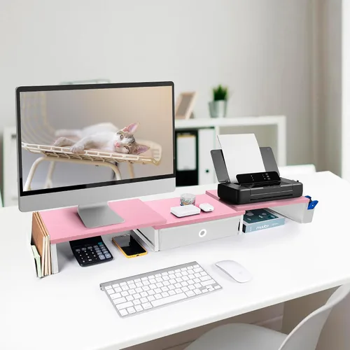 Vista 2 de Soporte elevador de monitor doble con cajón y pata de metal, estante de escritorio grande para 2 monitores con longitud y ángulo ajustables