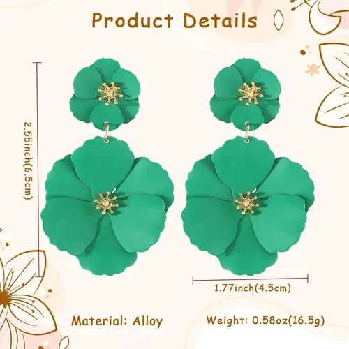 Vista 2 de Mintolex Aretes de flores de playa de verano para mujeres y niñas, aretes colgantes de doble flor bohemios, aretes colgantes de pétalos florales
