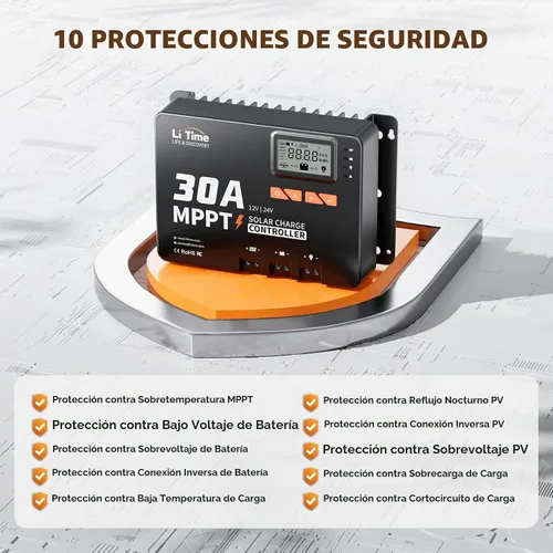 Vista 8 de LiTime 30 Amp MPPT 12V/24V/Auto CC de entrada controlador de carga solar, módulo Bluetooth incorporado, pantalla LCD con parámetros ajustables