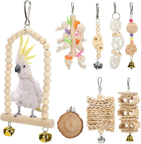 Vista 2 de Natural Wooden Parrot and Bird Toys Set Climbing Chew Toys 8 Pack with Swing Cage
