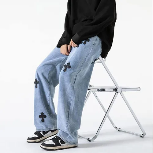 Vista 4 de Pantalones de mezclilla holgados para hombre, estilo hip-hop, cruzados, holgados, pierna ancha, rectos, ropa de calle