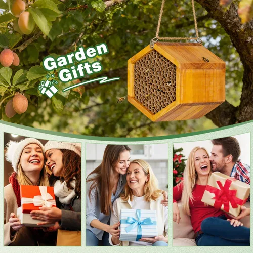 Vista 8 de Mason Bee House - Colmena de abejas de madera natural hecha a mano recubierta con cera para una larga vida útil y resistente al agua - Atrae