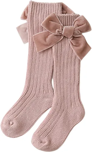 Vista 4 de Kayotuas Calcetines altos hasta la rodilla con lazos, calcetines de uniforme con volantes de tubo largo, calcetines de punto acanalado para bebés