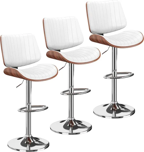Vista 32 de Juego de 1 taburetes de bar giratorios de madera curvada ajustables para encimera de cocina, moderna silla de bar tapizada de piel sintética