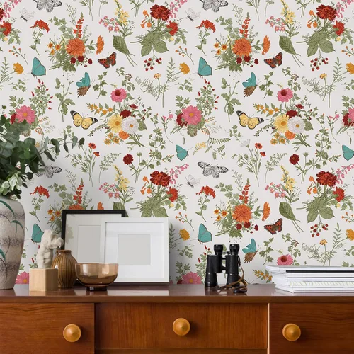 Vista 2 de VEELIKE Papel tapiz de 17.7 x 118 pulgadas con diseño de mariposas y caléndulas florales, para dormitorio, baño, guardería, papel de contacto floral