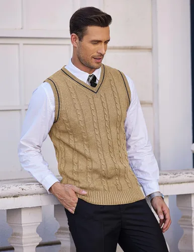 Vista 3 de COOFANDY Suéter para hombre, cuello en V, ajustado, casual, sin mangas, tejido trenzado