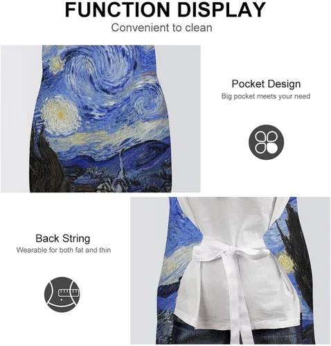 Vista 6 de MUSM Apron for Adults - 27.6 X 31.5 Inch, Heavy-Duty Polyester Aprons with Two Large Pockets, Waterproof The Starry Night Kitchen Apron for Cooking