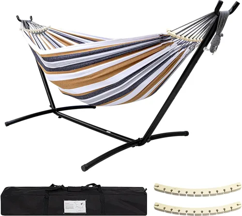 Vista 10 de SZHLUX Hamaca doble con soporte incluido, capacidad de 450 lb, soporte de acero, bolsa de transporte premium incluida. Cama de algodón