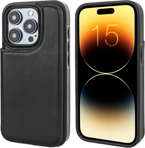 Vista 2 de ONETOP - Funda tipo cartera compatible con iPhone 15 Pro con soporte para tarjetas, funda de piel sintética con soporte y ranuras para tarjetas