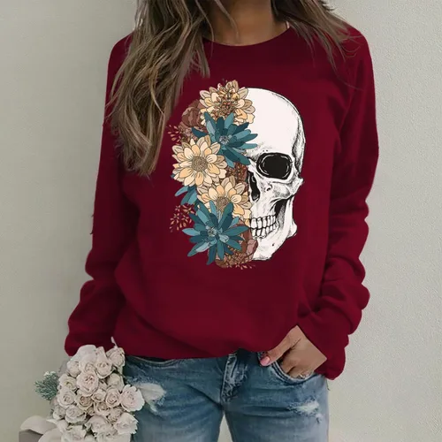 Vista 2 de Bloom Skull - Sudadera para mujer, estilo bohemio, con estampado de calavera, manga larga, cuello redondo, para otoño