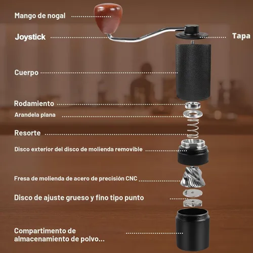 Vista 4 de Molinillo de café manual, caja de regalo, rebaba cónica desmontable de acero inoxidable, molinillo de granos de café de aluminio con 25 ajustes