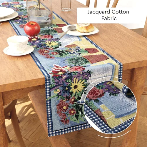 Vista 3 de Encasa XO Camino de mesa jacquard bohemio, diseño de maceta, estilo vintage, tamaño 13 x 59 pulgadas, tapiz bohemio tejido para comedor de 4 plazas