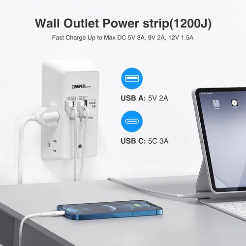 Vista 3 de Extensor de Enchufe, Cargador de Pared USB, Protector Contra Sobretensiones, Extensor de 5 Enchufes con 4 Puertos de Carga USB (5V 5A), Adaptador