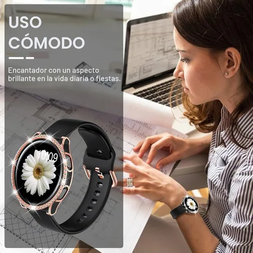 Vista 5 de DABAOZA Compatible con Samsung Galaxy Watch 4 5 Banda de 1.575 y 1.732 pulgadas con funda de parachoques con purpurina, correa ajustable suave y oro