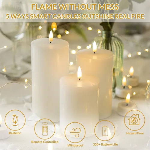 Vista 5 de Velas de pilar blancas sin llama con control remoto, velas LED de Halloween que funcionan con pilas, velas eléctricas parpadeantes de cera real