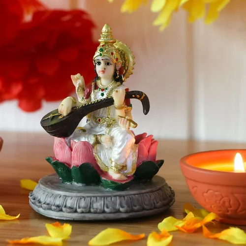 Vista 5 de alikiki Estatua de Sarawati de ídolo indio pequeña de la India, 3.9 pulgadas de alto, figura de diosa hindú Saraswati para decoración de tablero