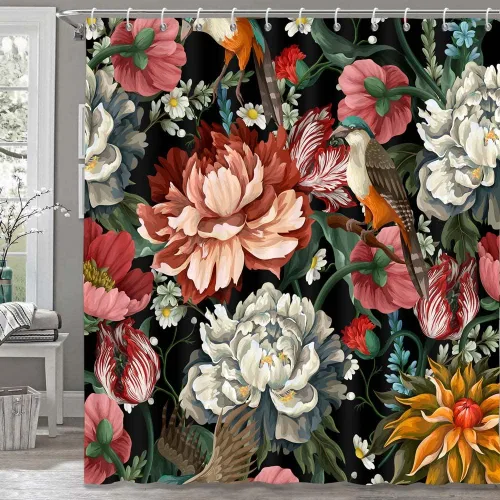 Vista 10 de Torich Cortina de ducha bohemia floral para baño, abstracta de mediados de siglo, decoración bohemia, cortinas de baño, flores botánicas, hojas