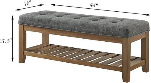 Vista 2 de 24KF Banco Otomano Grande Rectangular Tapizado con Capitoné de Tela de Lino, Banco Acolchado con Estante de Madera Maciza - Granito