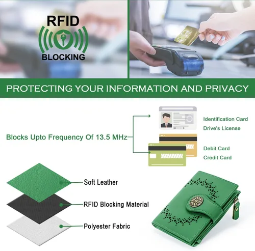 Vista 4 de Tipmile Billeteras pequeñas de cuero para mujer, con 2 ventanas de identificación, con bloqueo RFID, tarjetero con cremallera y bolsillo para Verde