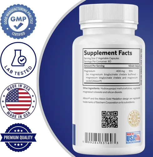 Vista 4 de Complejo de bisglicinato de magnesio 400 mg Suplemento Albion TRAACS Quelado, máxima absorción, suave para el estómago, altamente biodisponible