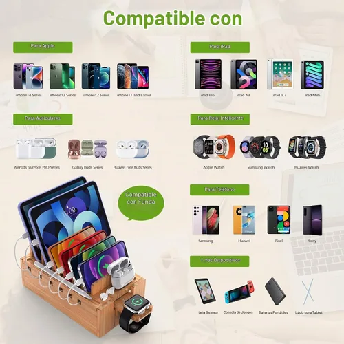 Vista 5 de Pezin & Hulin Estación de carga de bambú con 5 puertos USB y 5 cables #1 (con cargador)