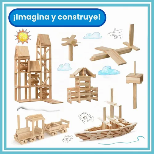 Vista 3 de Juego de bloques de construcción de madera, juguetes de construcción de bloques de tablones de 200 piezas, juguete educativo de madera STEM