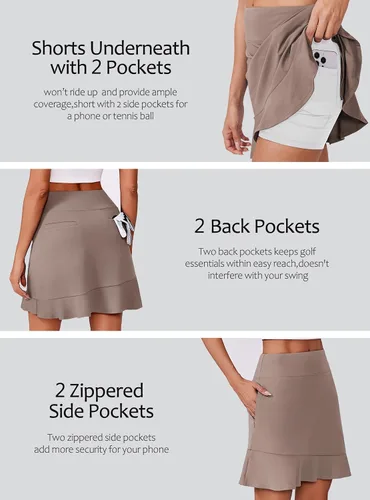 Vista 4 de PINSPARK Falda pantalón de golf de 18 pulgadas para mujer, con 6 bolsillos, UPF50+, cintura alta, volantes, atlética, casual, para tenis