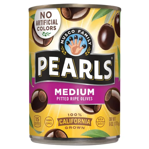 Vista 14 de Pearls Aceitunas maduras pequeñas sin hueso, paquete de 12, latas de 6 onzas