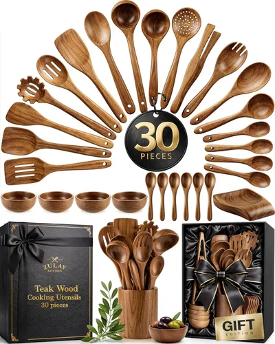 Vista 12 de Zulay Kitchen Juego de 5 cucharas de madera extragrandes - Utensilios de cocina de teca lisa - Cucharón, espátula, espumadera, tenedor, cuchara