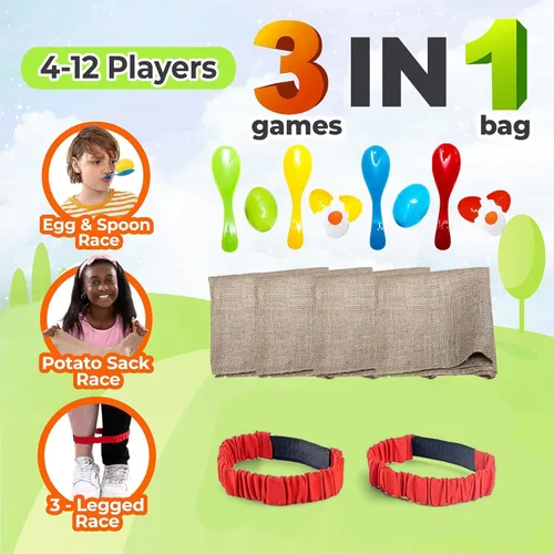 Vista 2 de Shop Square Juegos de campo al aire libre, bolsas de carreras de saco de patatas para niños y adultos, carreras de huevos y cucharas, bandas