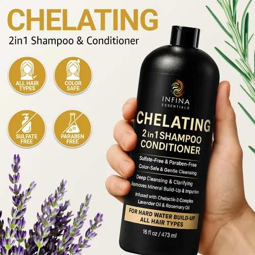 Vista 5 de Champú y acondicionador de agua dura - Limpiador quelante 2 en 1 para eliminación de acumulaciones, cabello suave y brillante - Con complejo