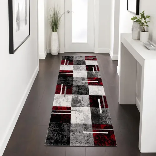 Vista 8 de Alfombra de diseño moderna con corte de contorno a cuadros en marrón beige, tamaño: 2' x 3'7